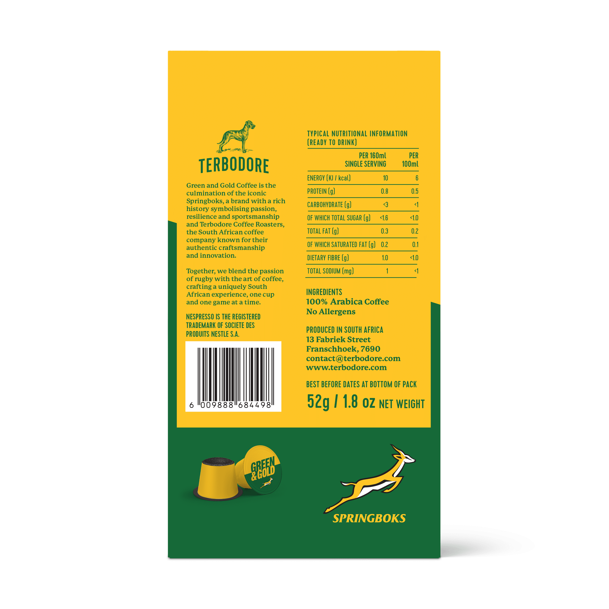 Terbodore Springboks Green and Gold Coffee Capsules 10 Pack