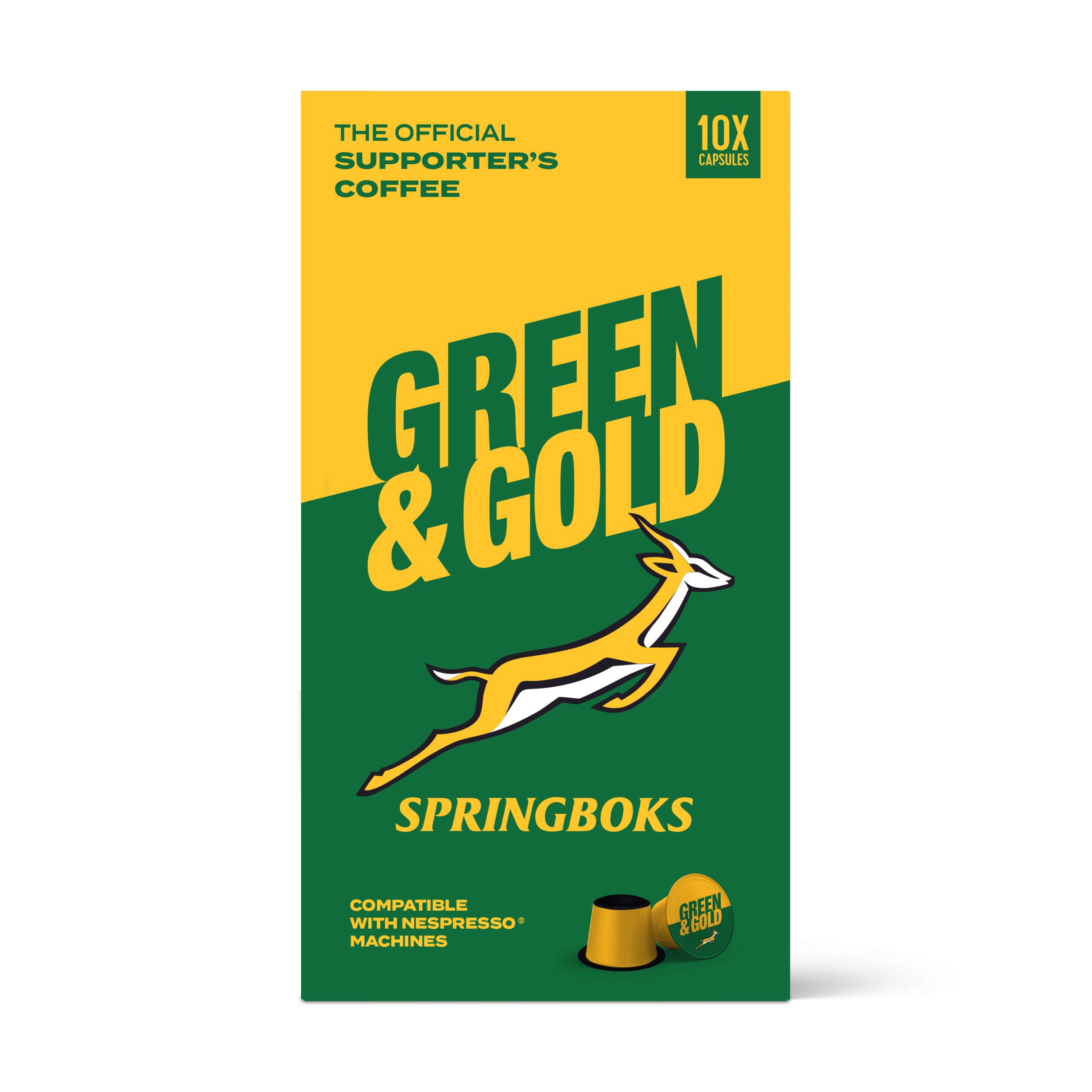 Terbodore Springboks Green and Gold Coffee Capsules 10 Pack